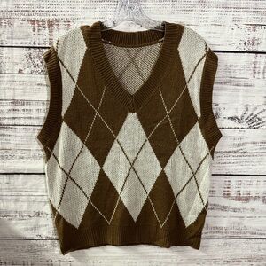 SHEIN Brown and Beige Argyle Knit Vest
